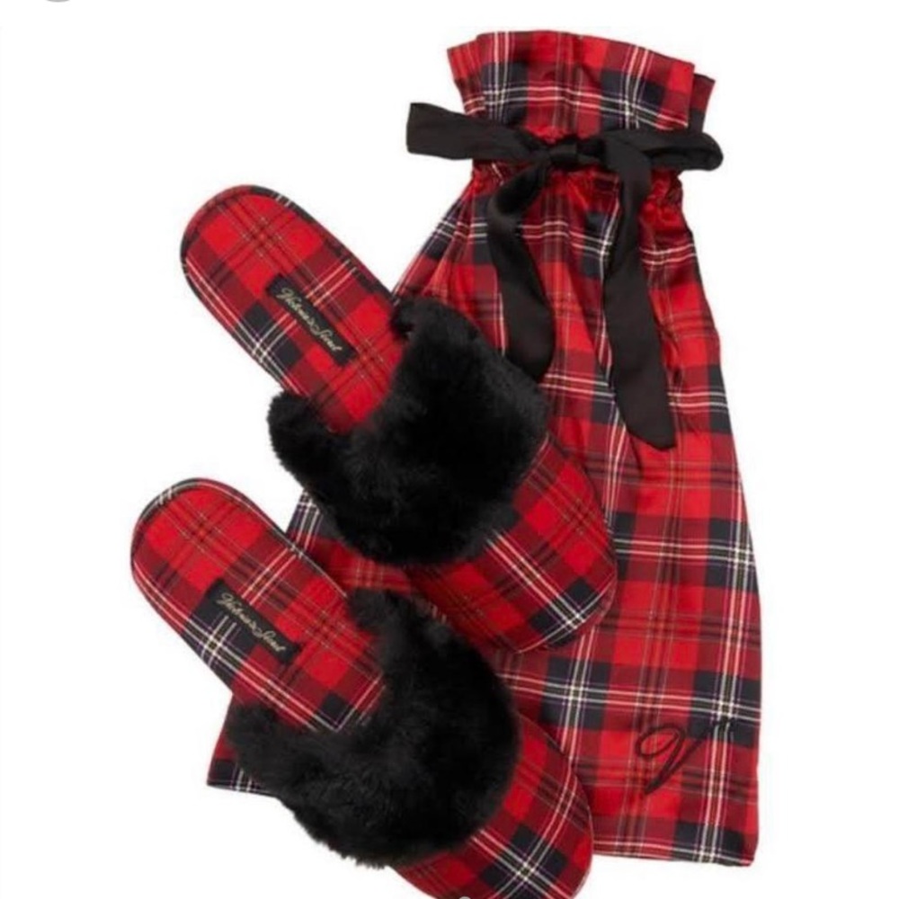 Victoria’s Secret Soft Satin Faux Fur Slippers - Plaid